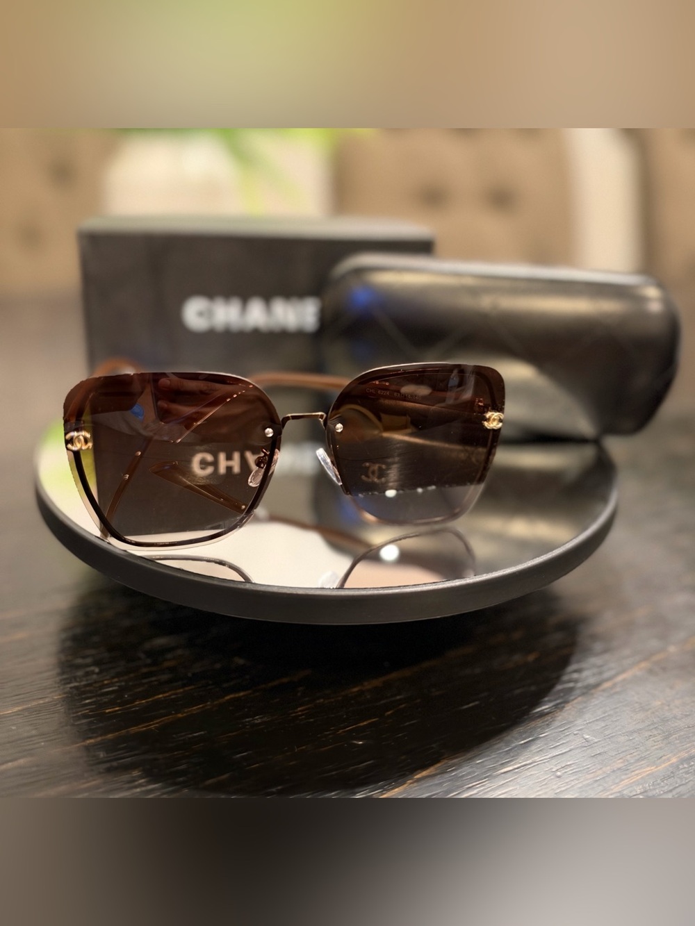 CHANEL Brown Gradient Square Sunglasses with Gold Accents